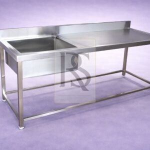 Customised Single Sink Prep Table. Industrial stainless steel workstation with deep bowl, worktop, and backsplash. Durable & hygienic.